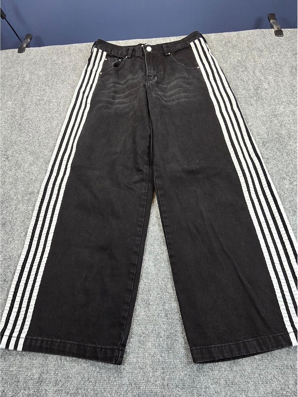 Heaven Can Wait Track Jeans XS Black White Stripe Wide Leg Y2K Denim